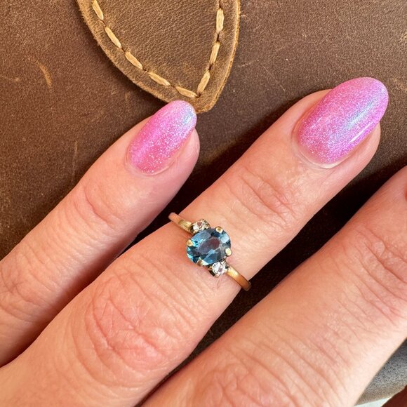Antique 10k Blue Topaz and Diamond Ring Solid Gold - Picture 1 of 10